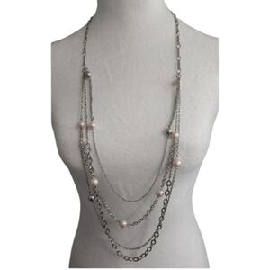Silvertone Pink Layered Necklace Earring Set